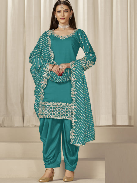 Turquoise Roman Silk Embroidered Salwar Suit