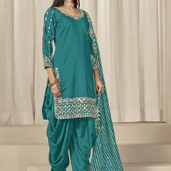 Turquoise Roman Silk Embroidered Salwar Suit