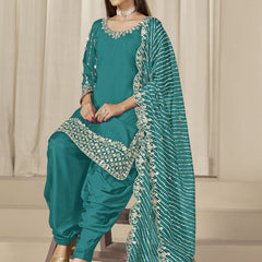 Turquoise Roman Silk Embroidered Salwar Suit