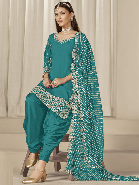 Turquoise Roman Silk Embroidered Salwar Suit