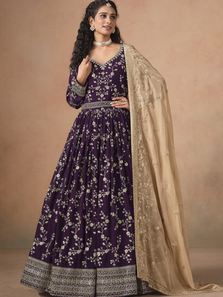 Purple Georgette Embroidered Anarkali Wedding Wear Suit