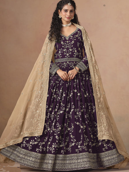 Purple Georgette Embroidered Anarkali Wedding Wear Suit
