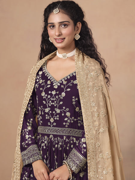 Purple Georgette Embroidered Anarkali Wedding Wear Suit