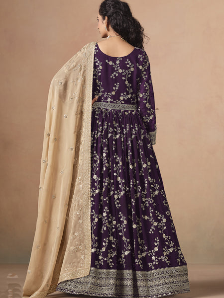 Purple Georgette Embroidered Anarkali Wedding Wear Suit