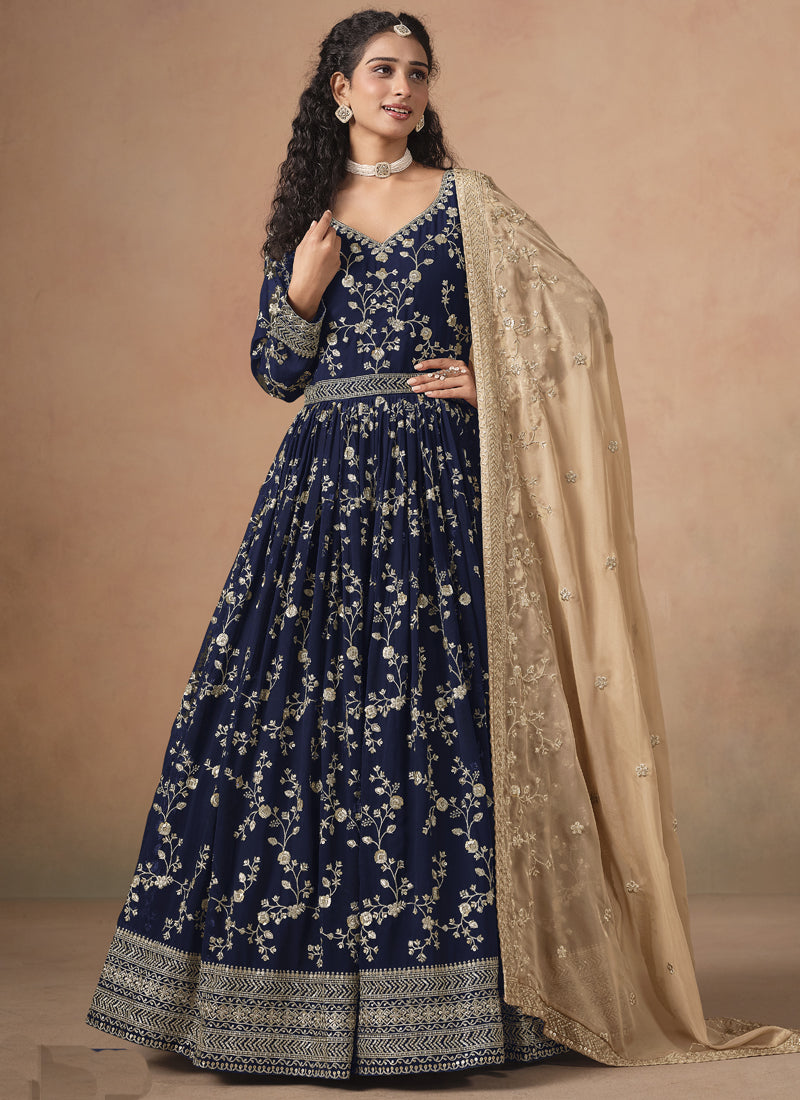 Blue Georgette Embroidered Anarkali Wedding Wear Suit