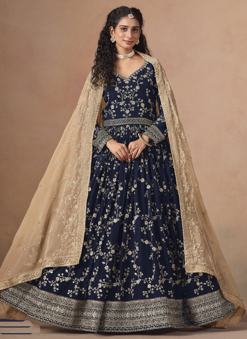 Blue Georgette Embroidered Anarkali Wedding Wear Suit