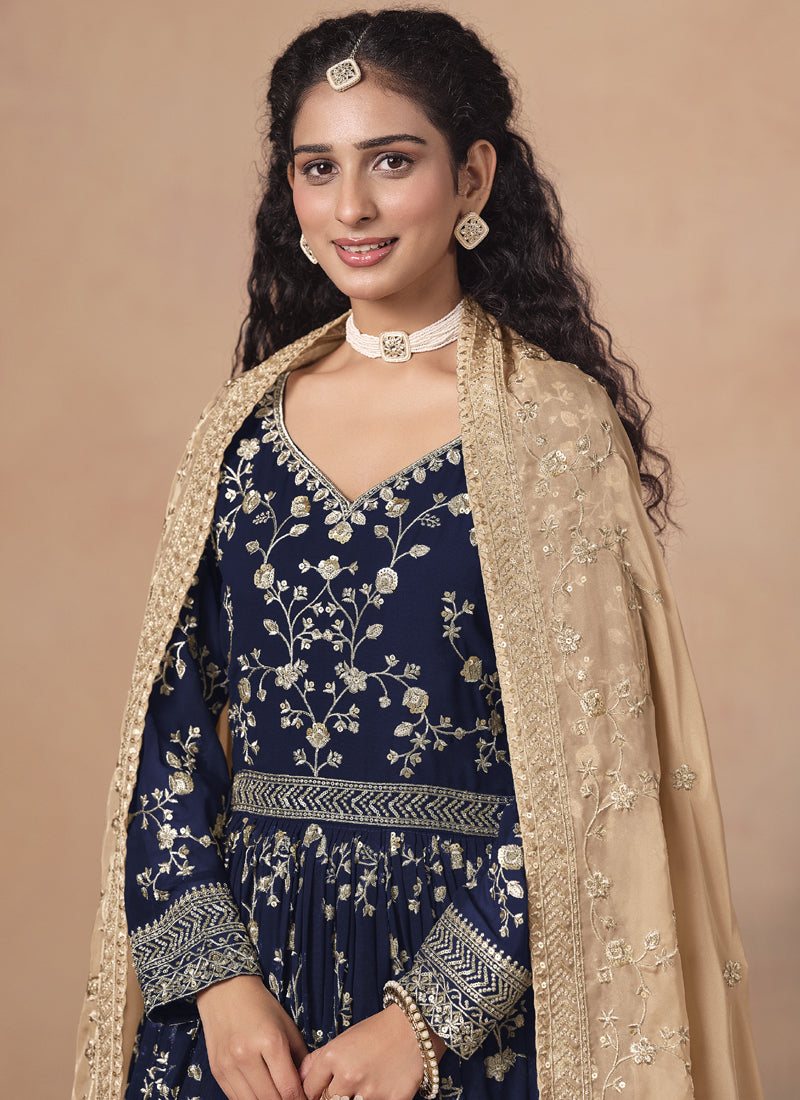 Blue Georgette Embroidered Anarkali Wedding Wear Suit