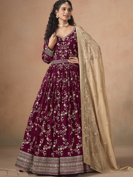 Maroon Georgette Embroidered Anarkali Wedding Wear Suit