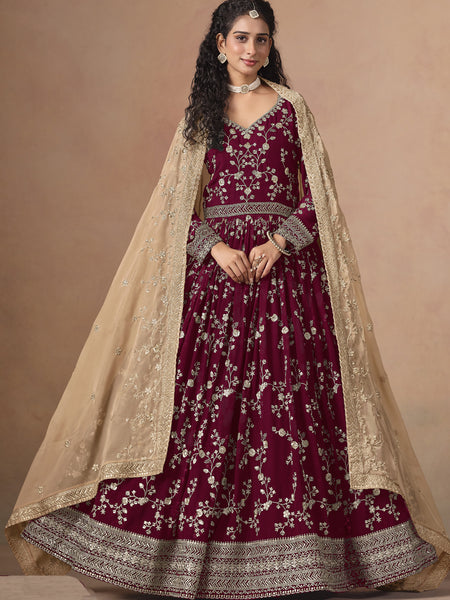 Maroon Georgette Embroidered Anarkali Wedding Wear Suit