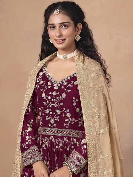 Maroon Georgette Embroidered Anarkali Wedding Wear Suit