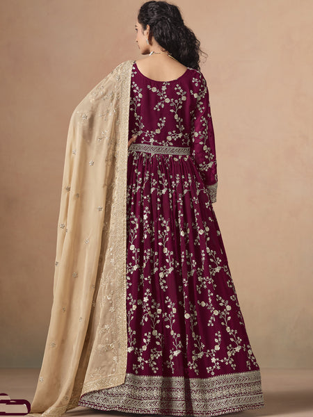 Maroon Georgette Embroidered Anarkali Wedding Wear Suit