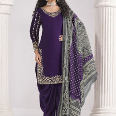 Violet Roman Silk Mirror Work Salwar Suit For Festival