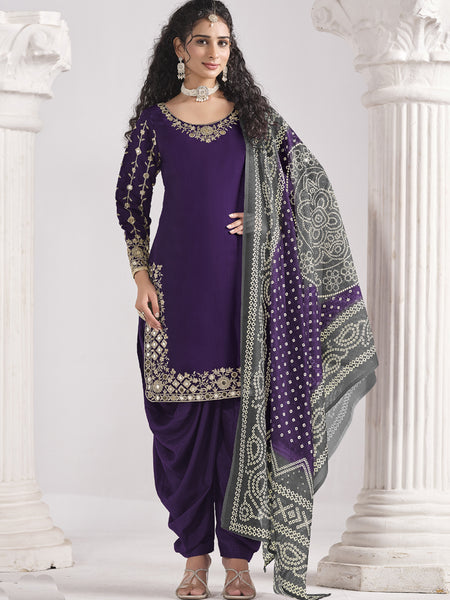 Violet Roman Silk Mirror Work Salwar Suit For Festival
