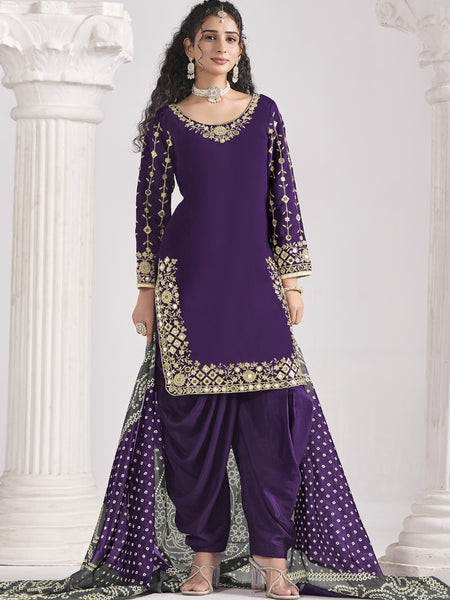 Violet Roman Silk Mirror Work Salwar Suit For Festival