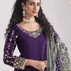 Violet Roman Silk Mirror Work Salwar Suit For Festival