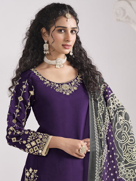 Violet Roman Silk Mirror Work Salwar Suit For Festival