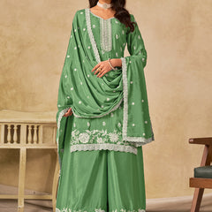Parrot Green Chinon Silk Embroidered Designer Palazzo Suit