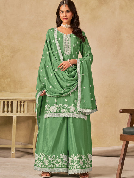 Parrot Green Chinon Silk Embroidered Designer Palazzo Suit