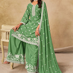 Parrot Green Chinon Silk Embroidered Designer Palazzo Suit