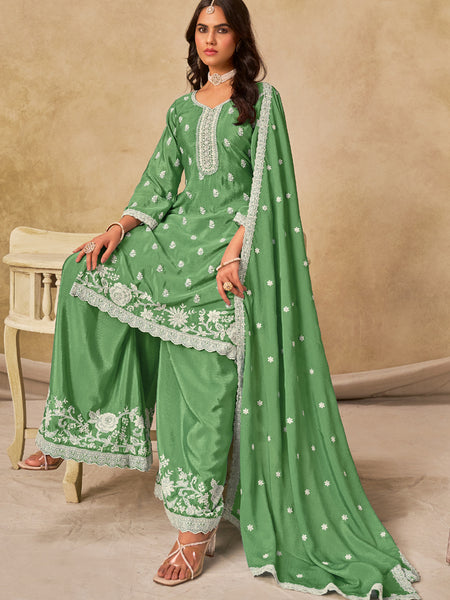 Parrot Green Chinon Silk Embroidered Designer Palazzo Suit