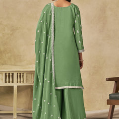 Parrot Green Chinon Silk Embroidered Designer Palazzo Suit