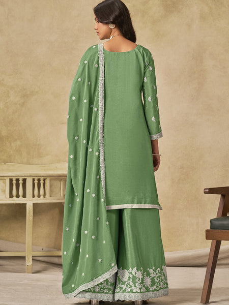 Parrot Green Chinon Silk Embroidered Designer Palazzo Suit