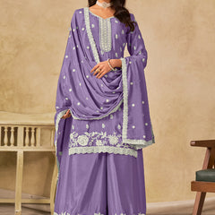 Lavender Chinon Silk Embroidered Designer Palazzo Suit