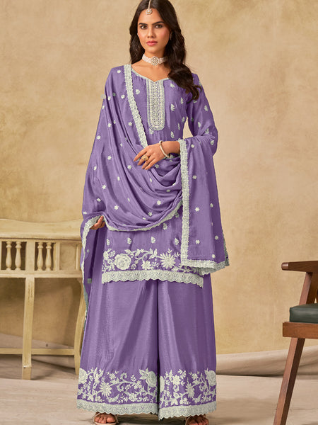 Lavender Chinon Silk Embroidered Designer Palazzo Suit