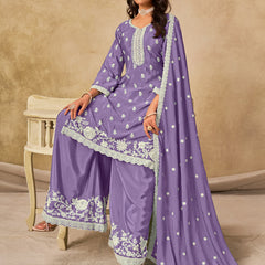 Lavender Chinon Silk Embroidered Designer Palazzo Suit
