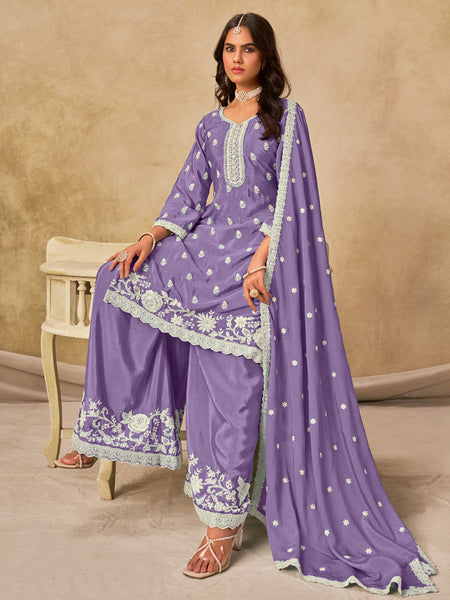 Lavender Chinon Silk Embroidered Designer Palazzo Suit