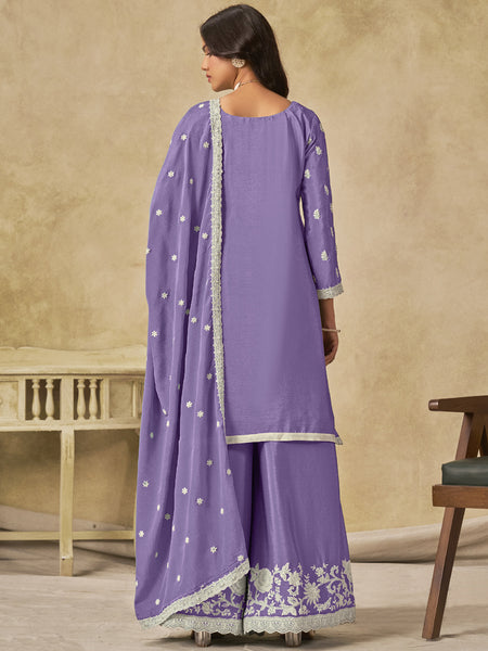 Lavender Chinon Silk Embroidered Designer Palazzo Suit