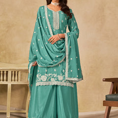 Sea Green Chinon Silk Embroidered Designer Palazzo Suit