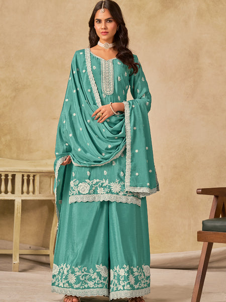 Sea Green Chinon Silk Embroidered Designer Palazzo Suit