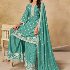 Sea Green Chinon Silk Embroidered Designer Palazzo Suit