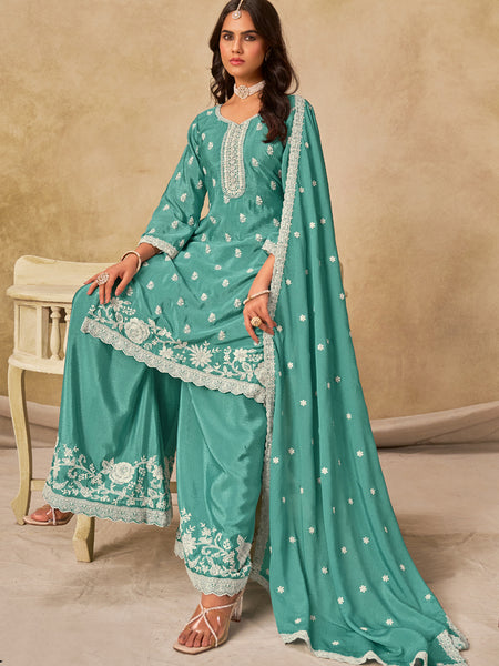 Sea Green Chinon Silk Embroidered Designer Palazzo Suit
