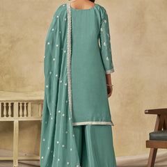 Sea Green Chinon Silk Embroidered Designer Palazzo Suit