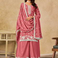 Peach Chinon Silk Embroidered Designer Palazzo Suit