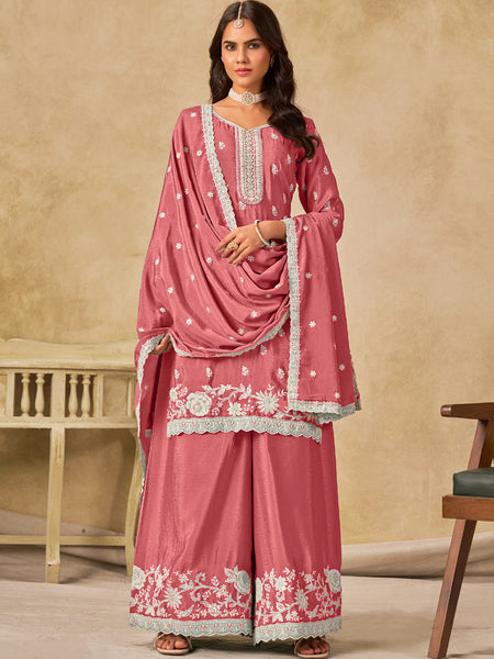 Peach Chinon Silk Embroidered Designer Palazzo Suit