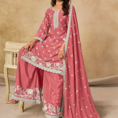 Peach Chinon Silk Embroidered Designer Palazzo Suit