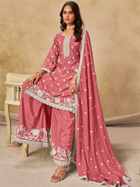 Peach Chinon Silk Embroidered Designer Palazzo Suit