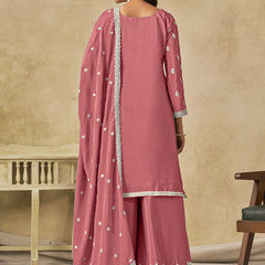 Peach Chinon Silk Embroidered Designer Palazzo Suit