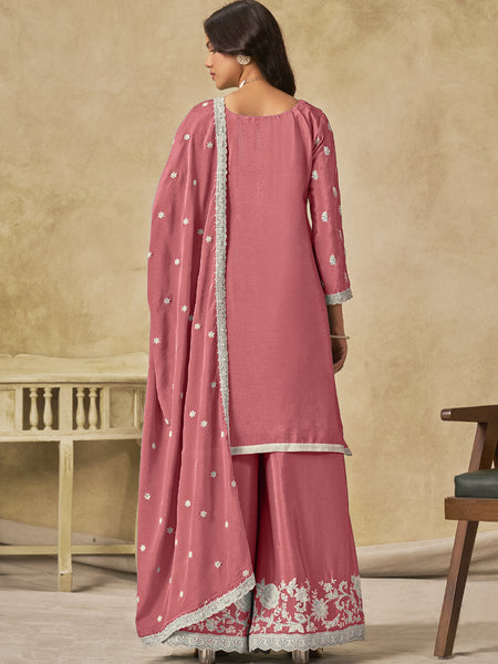Peach Chinon Silk Embroidered Designer Palazzo Suit