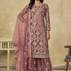 Onion Pink Net Embroidered Designer Palazzo Suit