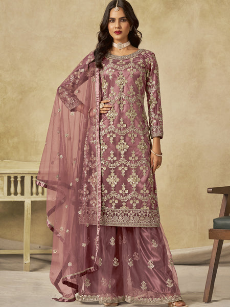 Onion Pink Net Embroidered Designer Palazzo Suit