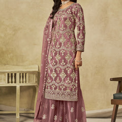 Onion Pink Net Embroidered Designer Palazzo Suit