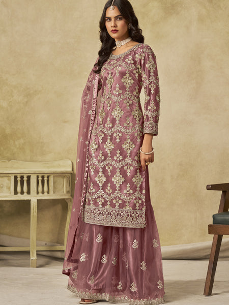 Onion Pink Net Embroidered Designer Palazzo Suit