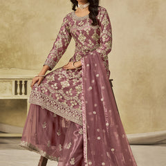 Onion Pink Net Embroidered Designer Palazzo Suit