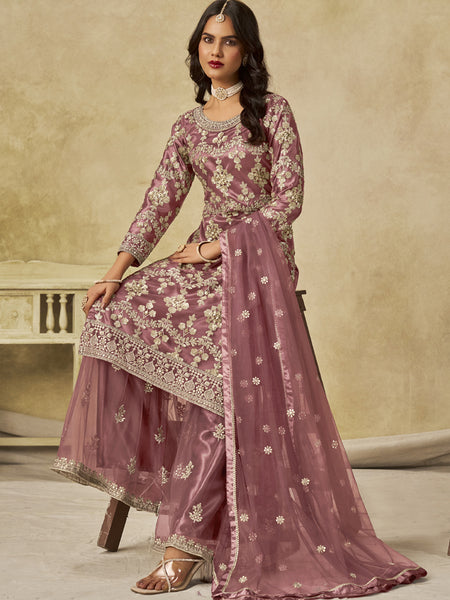 Onion Pink Net Embroidered Designer Palazzo Suit