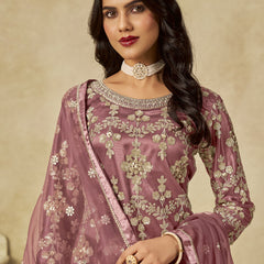 Onion Pink Net Embroidered Designer Palazzo Suit