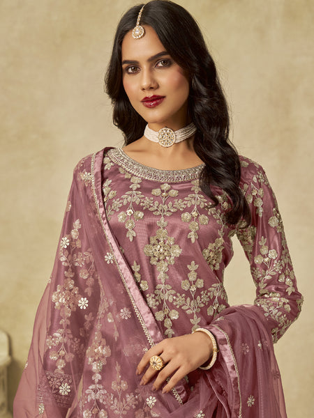 Onion Pink Net Embroidered Designer Palazzo Suit